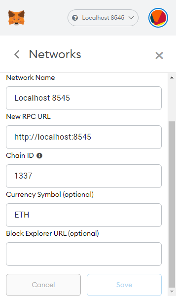 MetaMask custom network configuration for localhost on port 8545